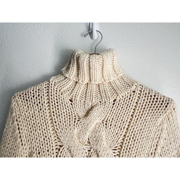 J Crew 100% Wool Aran Style Cable Knit Fisherman Hand Knit Turtleneck Sweater M - Picture 2 of 8